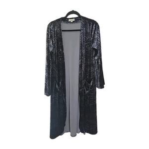 Turquoise Haven Black Leopard Open Front Velvet Cardigan Sweater Womans Size S/M